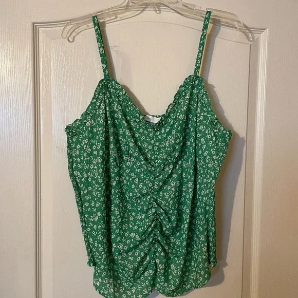 LUSH Floral Print Ruched Front Cami 1X Tunic Top Tank Green Summer Spring - Picture 2 of 7